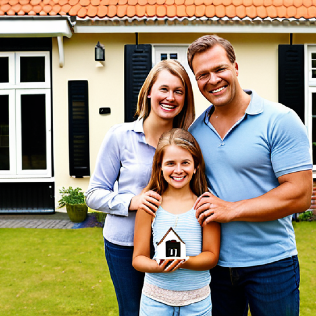**

A happy Dutch family in front of their cozy home, highlighting "hypotheekrenteaftrek" (mortgage interest deduction). Show them smiling and perhaps holding house keys. The overall feeling should be positive and suggest financial benefit.

**