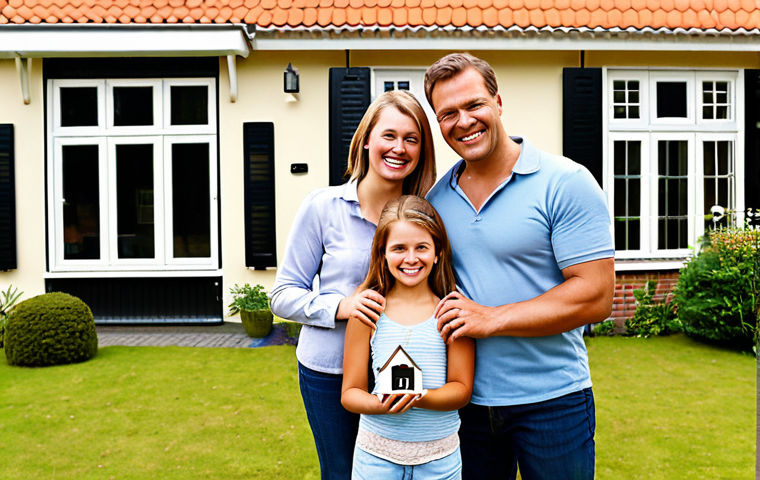 **
A happy Dutch family in front of their cozy home, highlighting "hypotheekrenteaftrek" (mortgage interest deduction). Show them smiling and perhaps holding house keys. The overall feeling should be positive and suggest financial benefit.
**