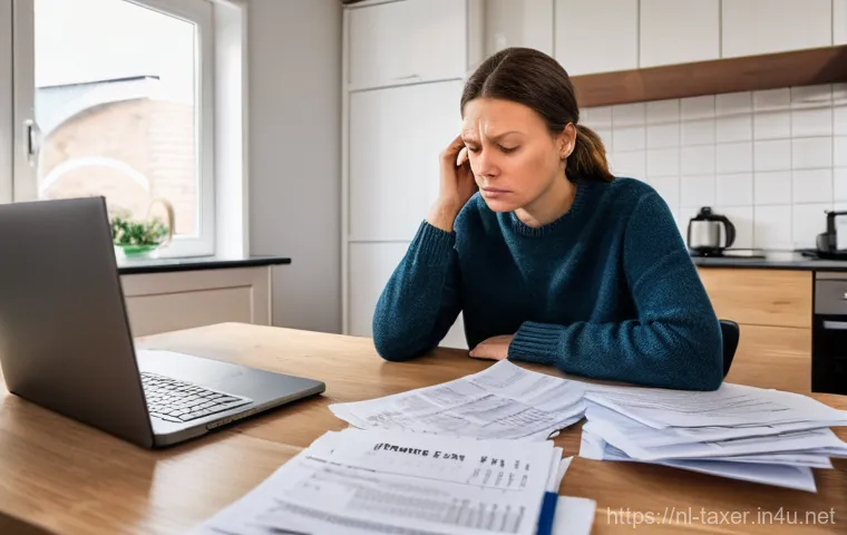 세무사와 연말정산 서비스 - A stressed Dutch individual, male or female, in their late 30s, is sitting at a kitchen table in a t...