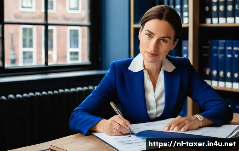 세무사 시험 실기 팁 - **Prompt:** A highly intelligent and focused Dutch female tax advisor in her late 30s to early 40s, ...