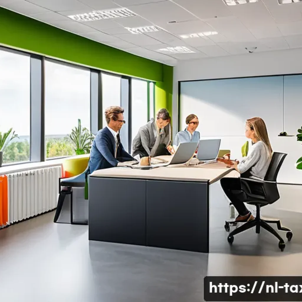 세무사와 고용주 세금 문제 해결 - A modern Dutch office setting showing an employer and HR staff reviewing payroll documents on a slee...