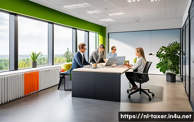 세무사와 고용주 세금 문제 해결 - A modern Dutch office setting showing an employer and HR staff reviewing payroll documents on a slee...
