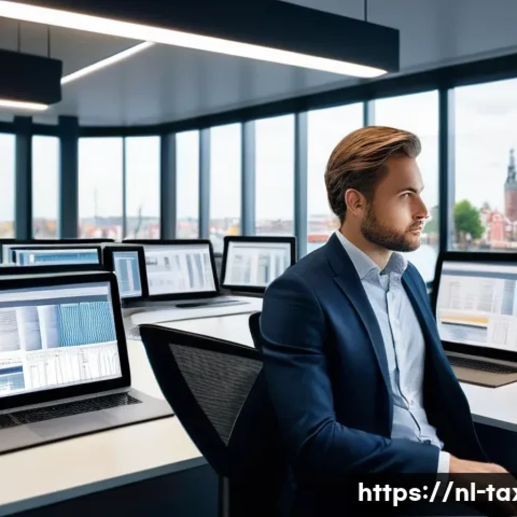 세무사와 세법 교육 프로그램 - A professional Dutch tax consultant in a modern office environment, working diligently on a laptop w...