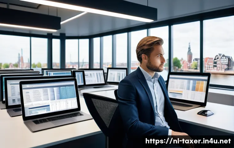 세무사와 세법 교육 프로그램 - A professional Dutch tax consultant in a modern office environment, working diligently on a laptop w...