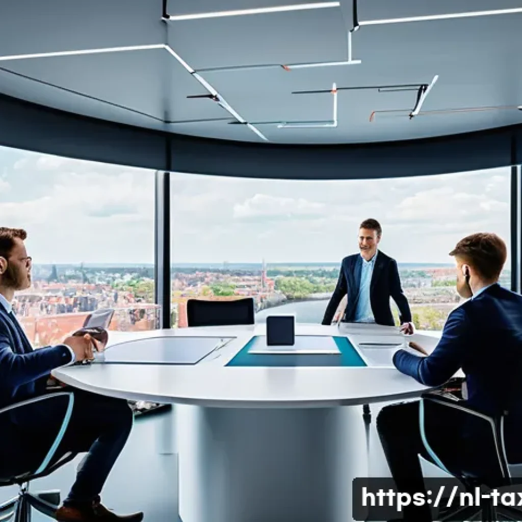 세무사와 재무 분석 - A professional Dutch business office environment showing a diverse team of employees collaborating a...