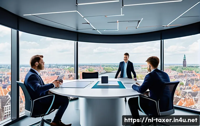 세무사와 재무 분석 - A professional Dutch business office environment showing a diverse team of employees collaborating a...