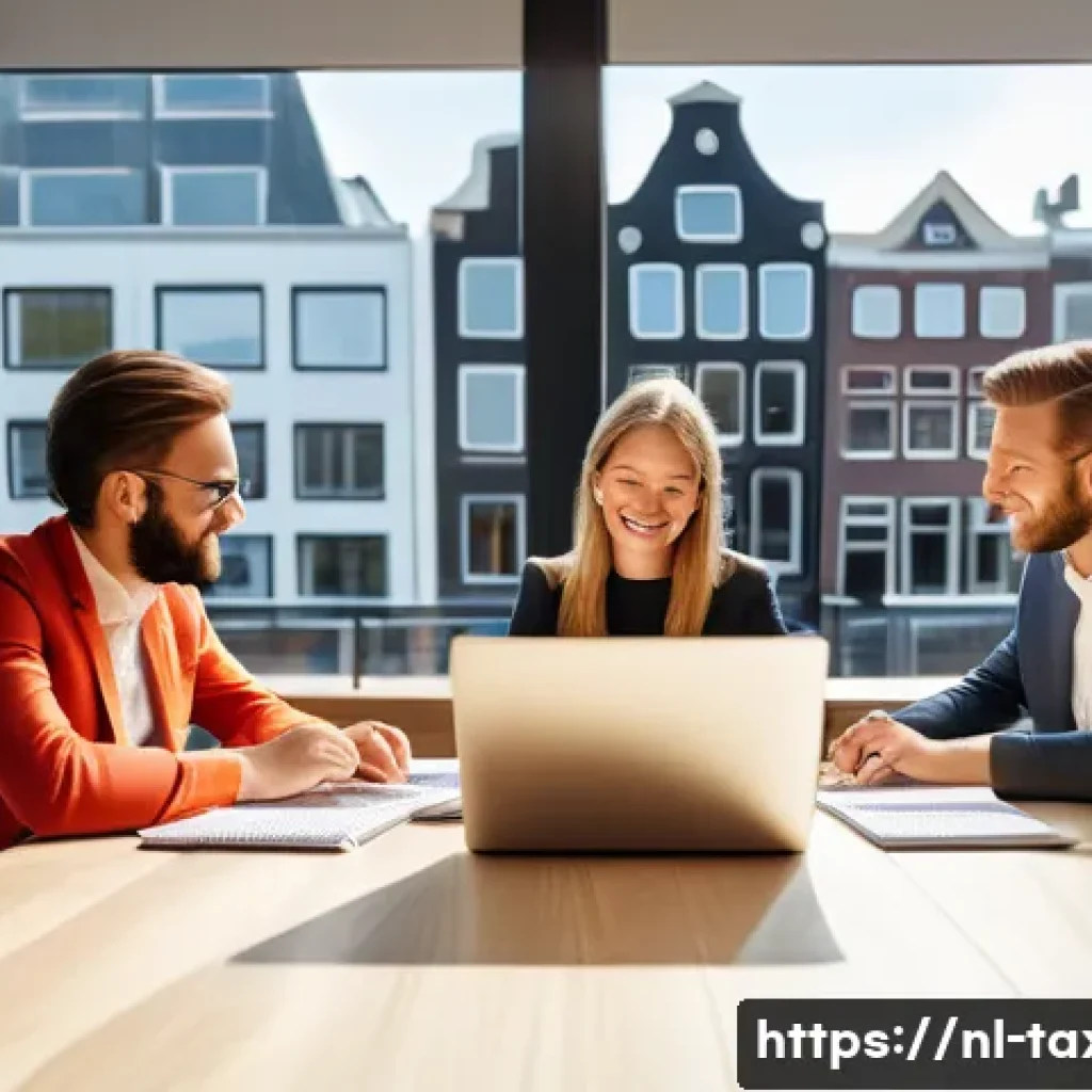 세무사 이직 성공 사례 - A modern Dutch office environment showing a diverse team of professional tax advisors in business ca...