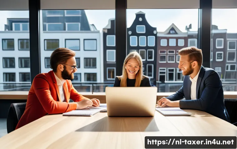 세무사 이직 성공 사례 - A modern Dutch office environment showing a diverse team of professional tax advisors in business ca...