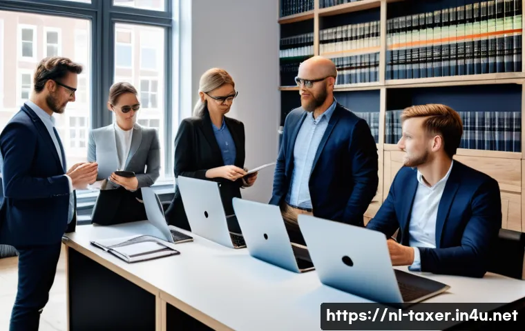 세무사 세법 개정사항 반영법 - A modern Dutch tax advisor's office scene with a diverse team of professionals, dressed in smart bus...