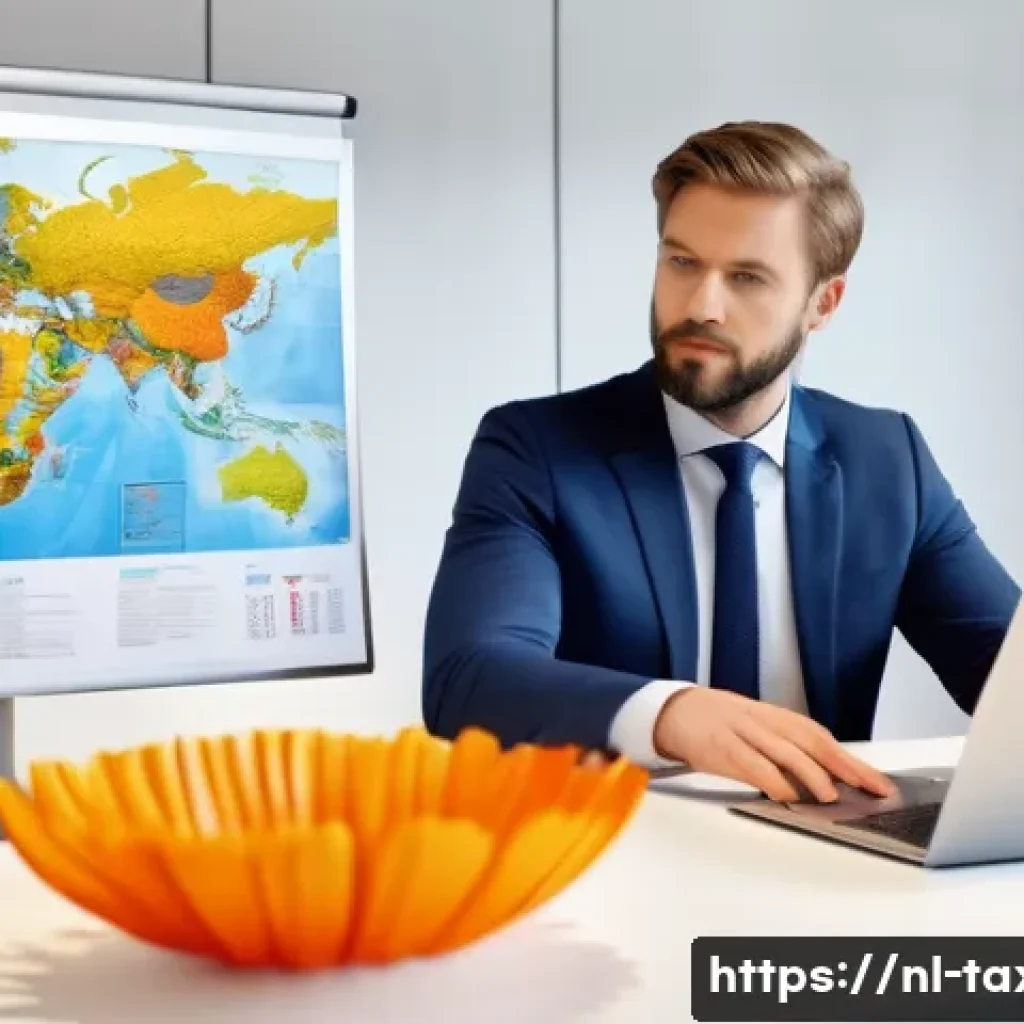 세무사와 비거주자 소득 신고 - A professional Dutch tax advisor sitting at a modern office desk filled with documents, a laptop dis...