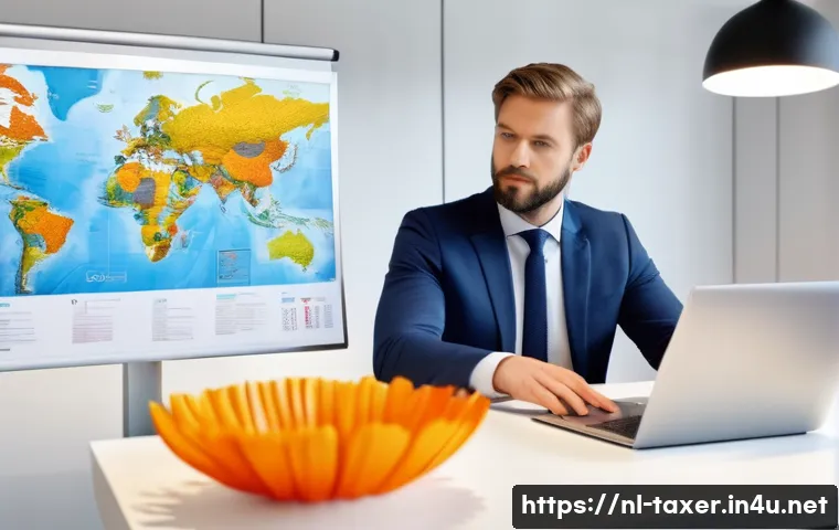 세무사와 비거주자 소득 신고 - A professional Dutch tax advisor sitting at a modern office desk filled with documents, a laptop dis...