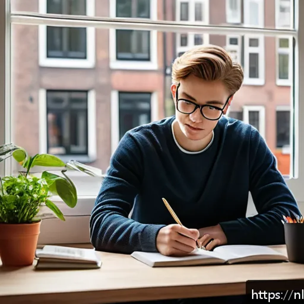 세무사 시험 합격 루틴 - A focused young adult Dutch student sitting at a modern desk in a cozy, well-lit home office, surrou...