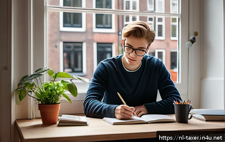 세무사 시험 합격 루틴 - A focused young adult Dutch student sitting at a modern desk in a cozy, well-lit home office, surrou...