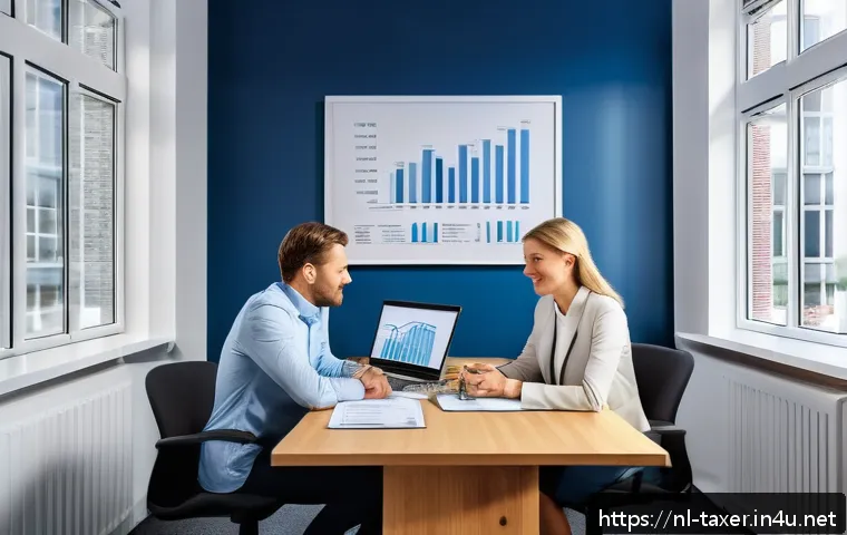 세무사와 비즈니스 의사결정 지원 - A professional Dutch small business owner consulting with a tax advisor in a modern office setting, ...