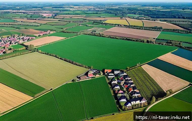 세무사와 토지 세금 문제 해결 - A detailed aerial view of diverse land parcels in a Dutch rural landscape, showing clear distinction...