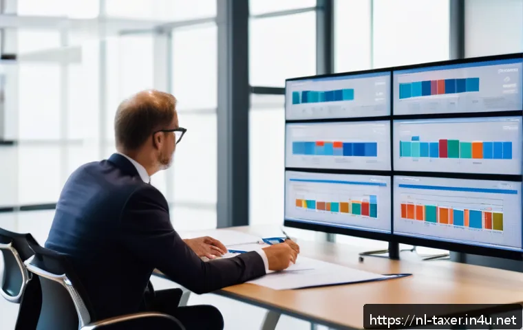 세무사와 법적 세무 지원 - A professional Dutch tax advisor sitting at a modern office desk with multiple digital screens showi...