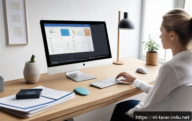 세무사와 회계 프로그램 활용 - A modern Dutch home office scene showing a person using a sleek laptop with tax software on screen, ...