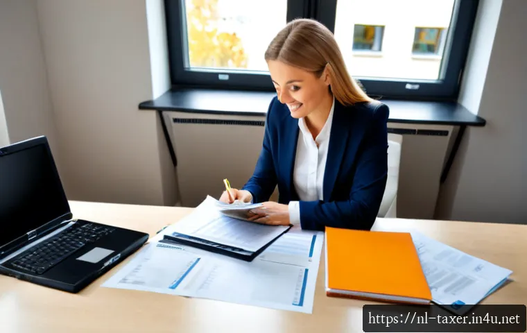 세무사와 중소기업 절세 사례 - Photorealistic Dutch small business owner and professional tax adviser reviewing neatly organized fi...