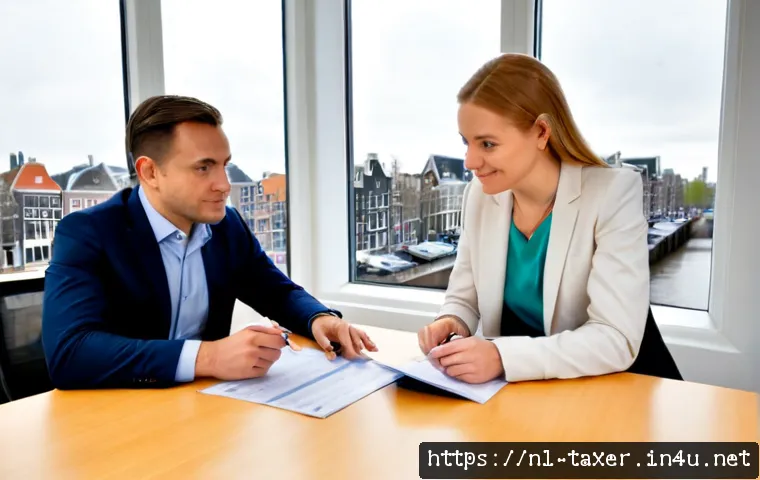 Home 17 세무사와 금융기관 세금 문제 - Photorealistic Dutch tax advisor meeting with a bank relationship manager and small business owner i...